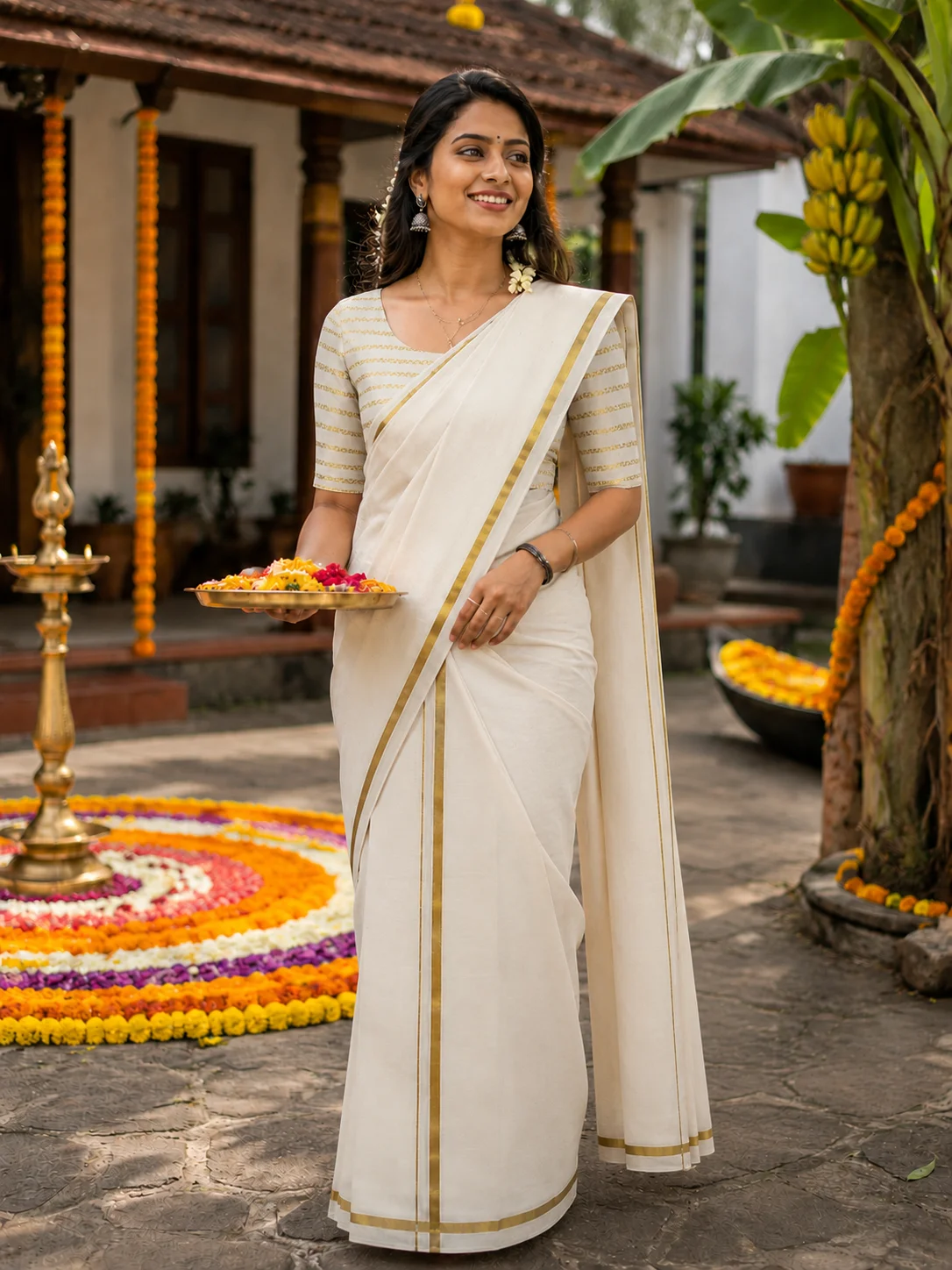 GOLDEN PULLIYILAKARA SET MUND - KERALA KASAV  BLOUSE COMBO